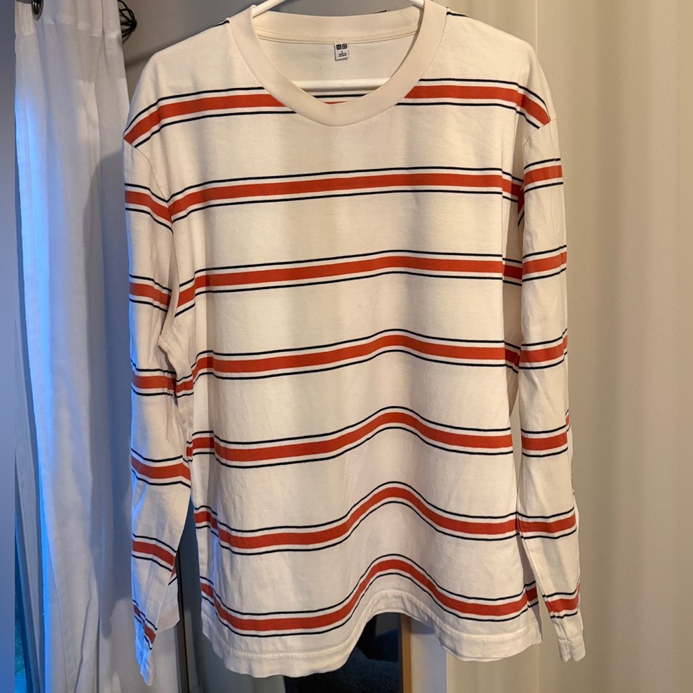 Uniqlo white and orange striped long sleeve shirt